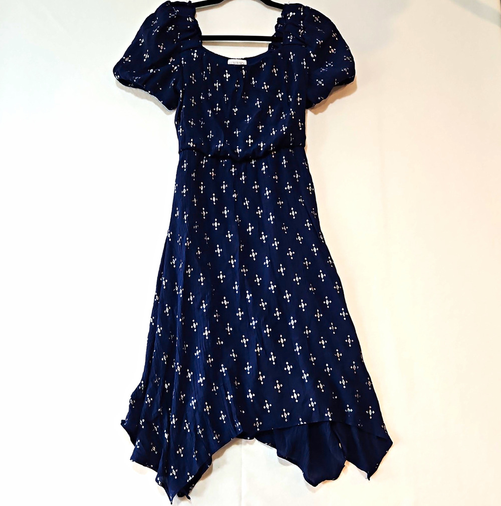 LUXOLOGY Women's M Navy White Geometric A-Line Midi Square Neck Puff Sleeve